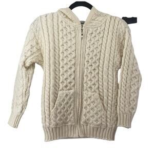 Aran Crafts 100% Merino Wool Irish Knit Hoodie Zip Sweater Ivory Kids 8-11y